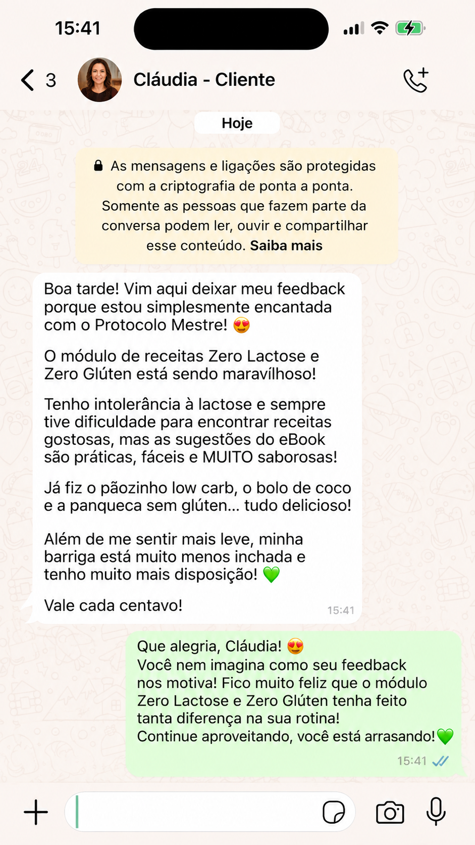 Depoimento da cliente Cláudia no WhatsApp