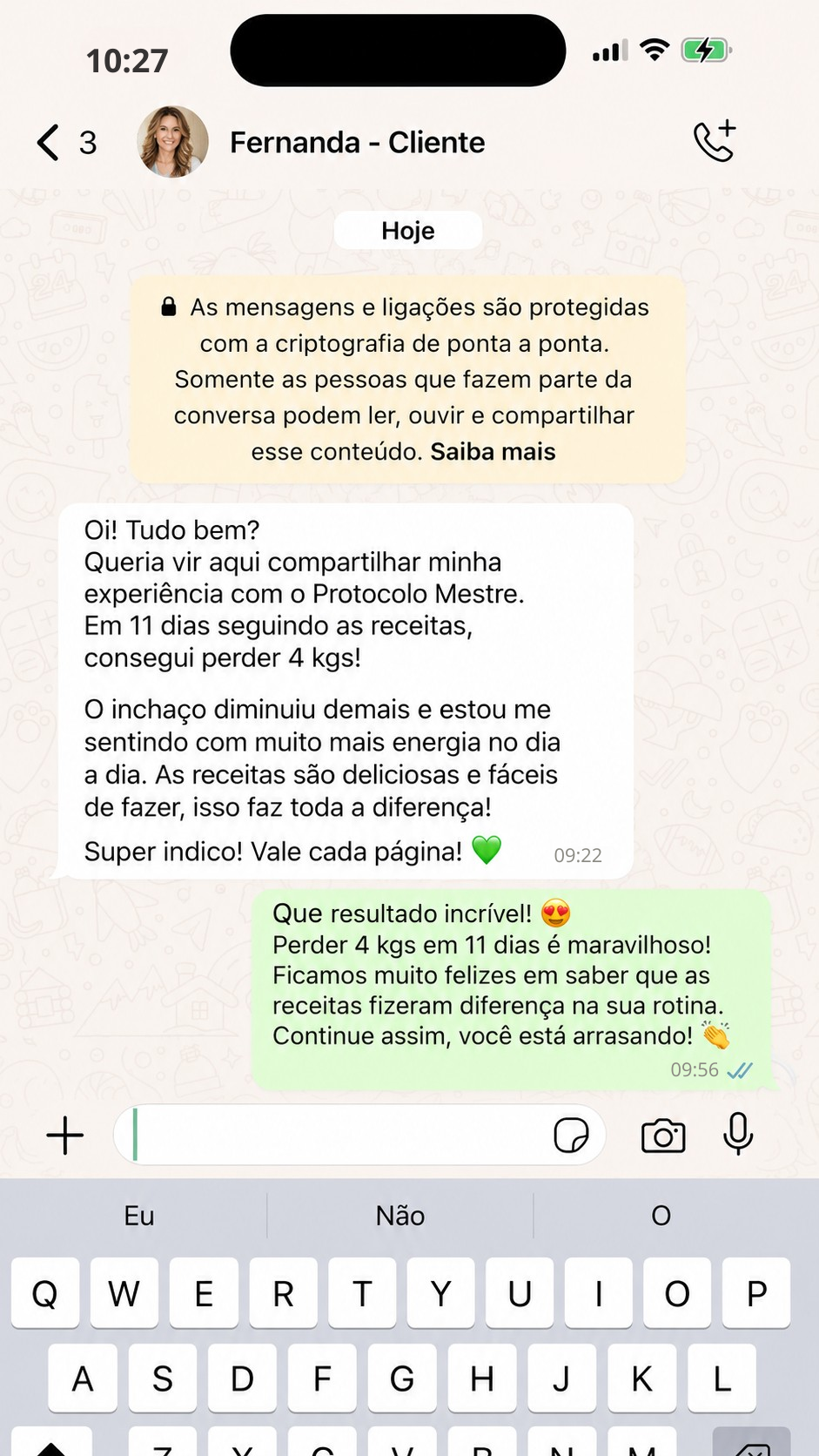 Depoimento da cliente Fernanda no WhatsApp